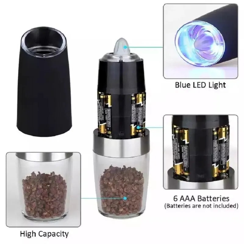 Electric Gravity Salt And Pepper Grinder Mill Set With Blue Light And Stand Spice Jar Spice Pepper Mills Grinder Kitchen